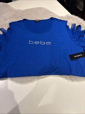 bebe Royal Blue Cold-Shoulder Rhinestone Logo Tee